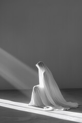 Solitary Figure Draped in White Veil Meditating in Sunlit Room