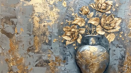 Gold-painted abstract art depicts a flower vase. The canvas has a gray and gold oriental texture with abstract patterns, making it a unique piece for home decor.