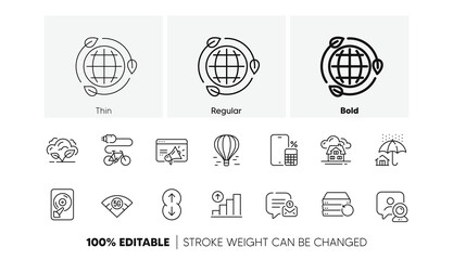 Hdd, Building and Co2 gas line icons. Pack of Electric bike, Air balloon, Phone calculator icon. Graph chart, Seo marketing, Video conference pictogram. Eco energy, Recovery server. Line icons. Vector