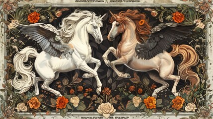 Two winged horses on white background, one white and one brown, rear on their hind legs label design  " ai generated "