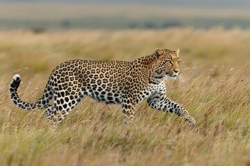 Obraz premium Leopard Stalking Through Savannah Grasslands