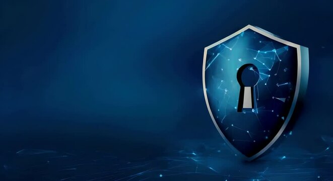 A digital shield with keyhole icon on dark blue background symbolizing cybersecurity and protection concept
