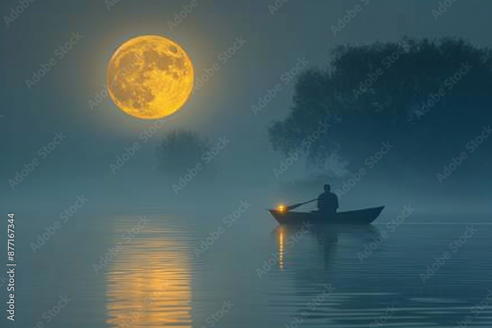 Sticker rowing under a full moon over a misty lake