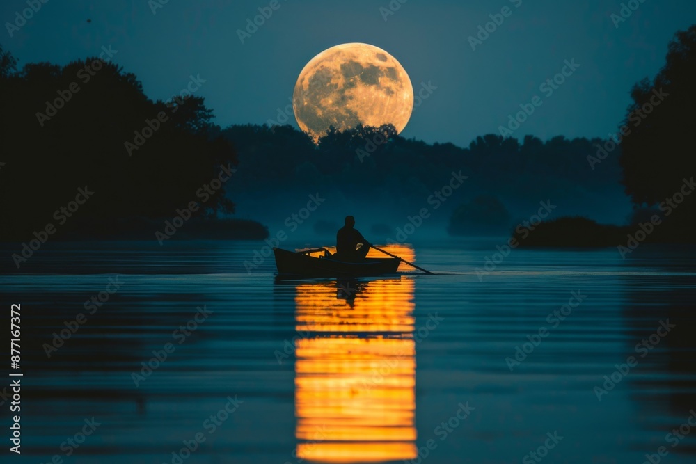 Wall mural full moon rowboat silhouette