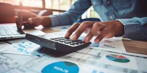 Person using a scientific calculator on a wooden desk, with the focus on the fingers pressing the buttons. Man planning budget, counting bills or taxes, online banking services.