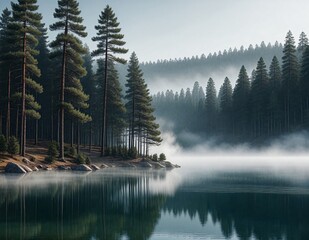A tranquil lake in a pine forest is shrouded in fog on a misty morning. The tall pine trees line the lake shore, their reflections visible in the still water. The fog creates an ethereal atmosphere, m