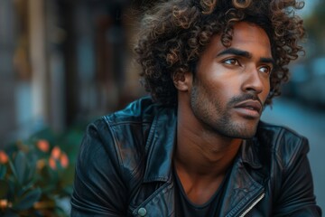 Fototapeta premium Pensive man with curly hair in urban setting