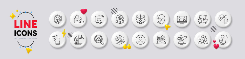 Headshot, Team work and Move gesture line icons. White buttons 3d icons. Pack of Face accepted, Video conference, Touchscreen gesture icon. Loan percent, Smile chat, Meeting pictogram. Vector