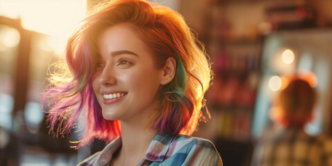 Fototapeta premium Beautiful young woman getting a haircut at hair salon. Hairstylist doing a rainbow colored hairstyle to a customer at a beauty salon.