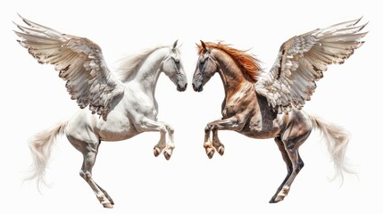 Fototapeta premium Two winged horses on white background, one white and one brown, rear on their hind legs label design 