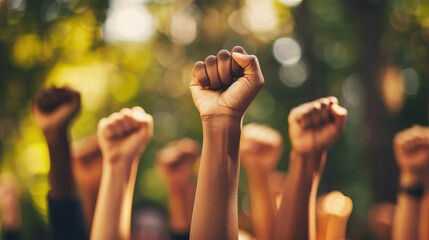A group of people of all races and ethnicities raising their fists in solidarity. AIG535