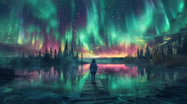 The Northern Lights reflecting in the still waters of a remote lake in Canada. Include a wooden pier extending into the water for a serene 