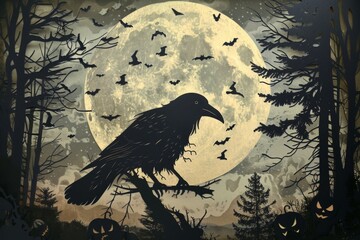 Fototapeta premium Halloween Night Scene with Raven and Full Moon