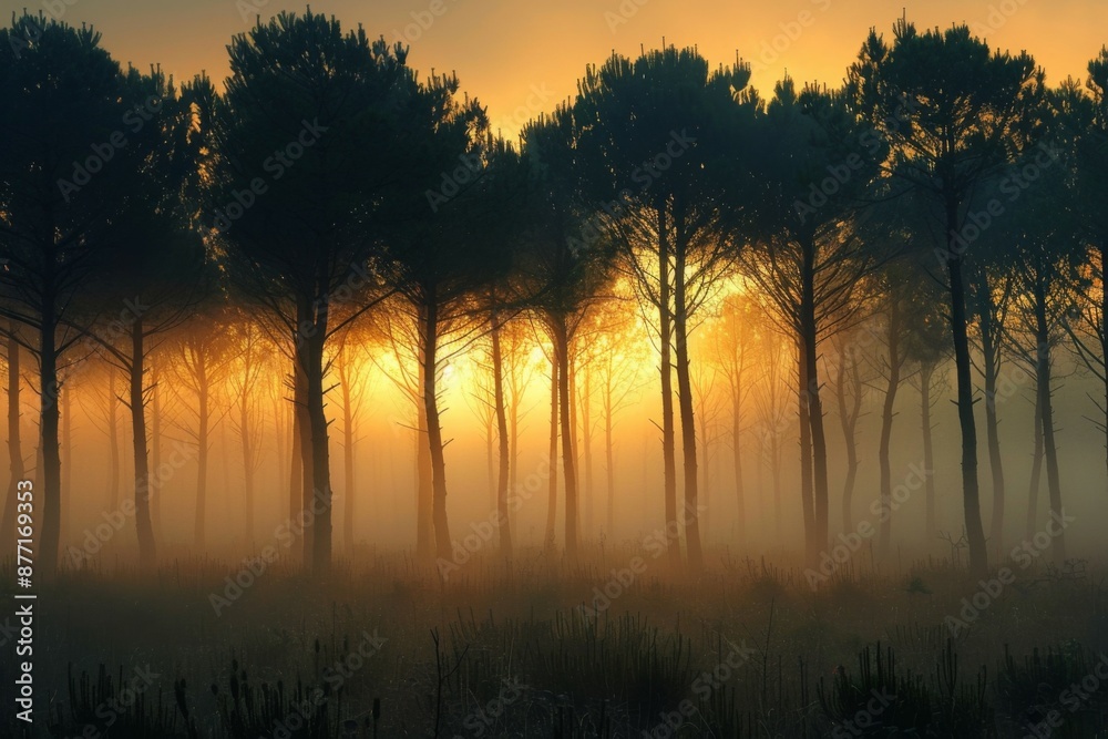 Wall mural Misty forest sunrise