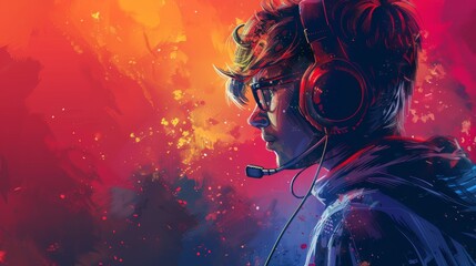 Gamer wearing a headset, immersed in an intense online battle, with a colorful background. Cartoon illustrations vectors Generative AI