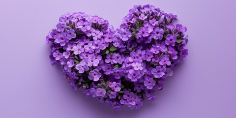Verbena arranged in heart shape on lavender solid color background with copy space 