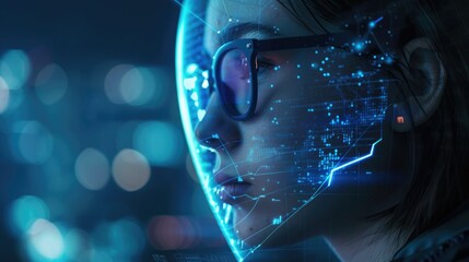 Highlighting data protection, a digital shield projection overlays the face of a cybersecurity expert's profile in a dark tech-themed setting. Cybersecurity service