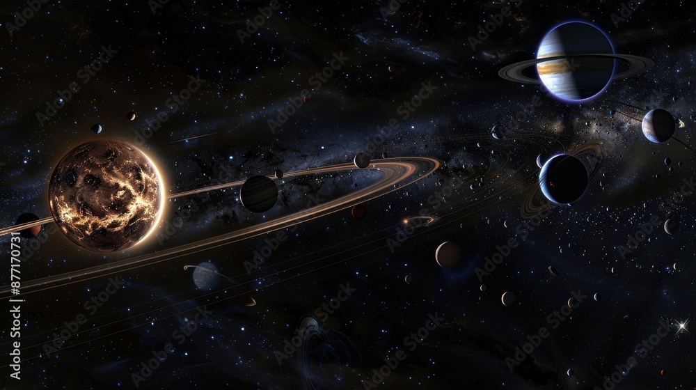 Wall mural panoramic solar system alignment - planets aligned in outer space exploration and astronomy concept
