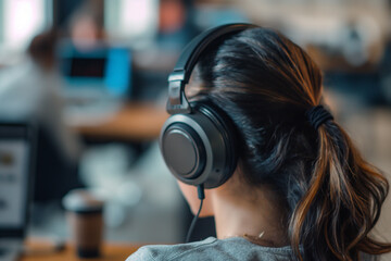 Woman wearing headphones in a busy office environment