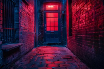 Narrow Alleyway Lit by Red and Blue Light