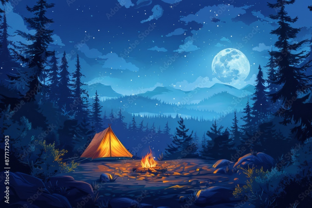 Sticker Nighttime Camping in Forest under Full Moon