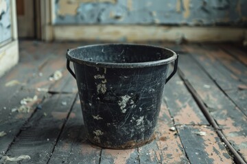 Naklejka premium Rustic Old Bucket on Weathered Wooden Floor