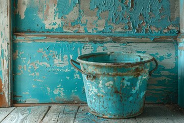 Fototapeta premium Vintage Rusty Bucket in Distressed Turquoise Setting