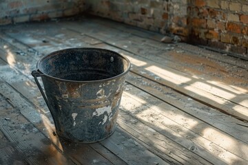 Fototapeta premium Rustic Old Metal Bucket in Abandoned Building Interior
