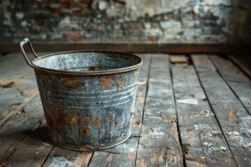 Fototapeta premium Rustic Metal Bucket on a Weathered Wooden Floor