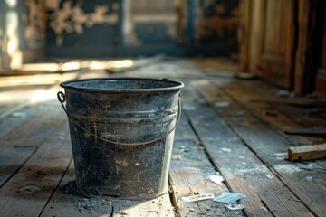 Naklejka premium Old Rusty Bucket in Abandoned House