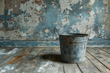 Naklejka premium Rustic Metal Bucket in Weathered Room