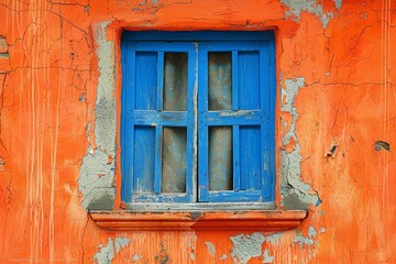 Obraz premium Vibrant Blue Window on Weathered Orange Wall