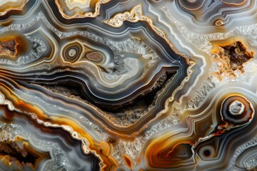 Detailed closeup of natural agate stone with intricate patterns. Layers. And beautiful earthy tones. Showcasing the unique beauty of this semiprecious gemstone in geological and mineralogical context