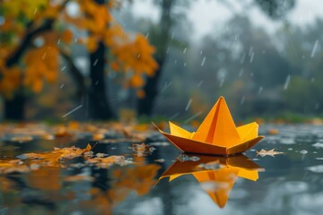 Origami paper boat in autumn rain