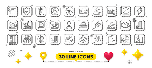 Exhaust, Paint and Windmill line icons pack. 3d design elements. Parcel tracking, Open door, Circle area web icon. Power, Consumption growth, Rise price pictogram. Vector