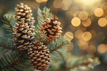 Fototapeta premium Pine Cones on Evergreen Branch with Festive Bokeh pine cones