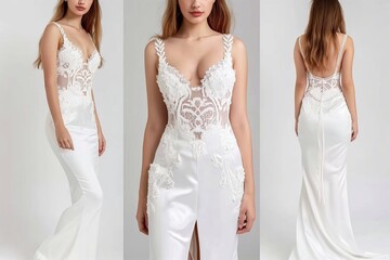 A blonde western woman wearing a elegant white lace dress. The dress features a fitted bodice, delicate lace details, and a flattering silhouette. model is posing in three views: front, side, and back