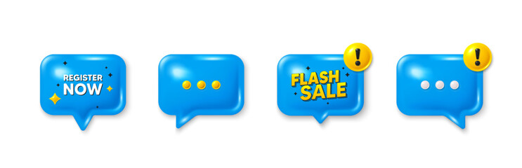 Offer speech bubble 3d icons. Register now tag. Free registration offer. Create an account message. Register now chat offer. Flash sale, danger alert. Text box balloon. Vector
