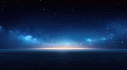 Obraz premium An empty space floor with a view of the earth from space at night, the sky is dark blue with stars and there are no clouds.