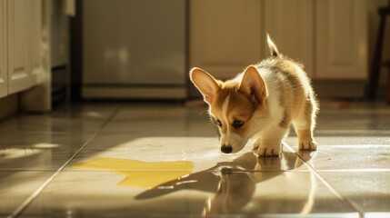 A curious Corgi puppy inspects a small yellow puddle on a sunlit kitchen floor