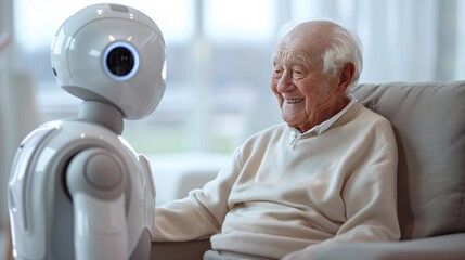 Elderly man engaged in pleasant conversation with a humanoid robot in a bright living room