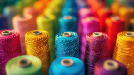 colorful rainbow colored spools of thread in the textile factory workshop