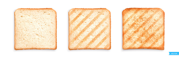 Set of sliced roasted toasts bread isolated on white background. 
Pieces of lightly toasted white bread. Close-up of toast. Top view. 3D realistic vector set