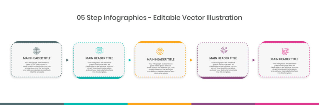 5 Steps Infographics Design Template - Graph, Pie chart, workflow layout, squire diagram, brochure, report, presentation, web design Editable Vector illustration