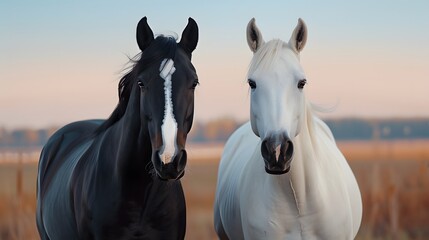 Obraz premium Two horses running in a field with a beautiful sunset in the background