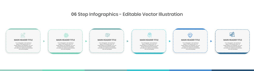 6 Steps Infographics Design Template - Graph, Pie chart, workflow layout, squire diagram, brochure, report, presentation, web design Editable Vector illustration