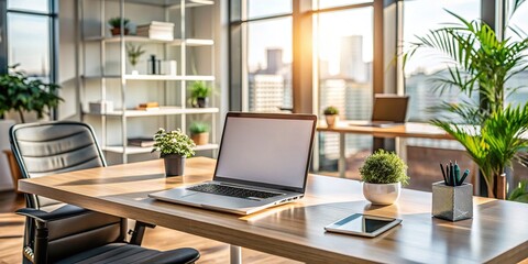Modern office desk with a sleek laptop featuring a blank white screen, surrounded by organized workspace, ergonomic chair, and minimalistic decor, emphasizing productivity and technology.