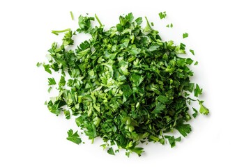 Obraz premium A pile of fresh parsley leaves on a clean white surface, ready for use in cooking or garnishing