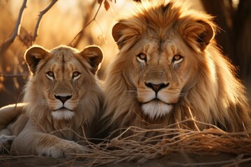 Fototapeta premium Male lions in a shrub field with blurred background, generative IA