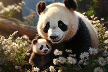 Fototapeta premium Beautiful panda with a happy panda baby together in the Chinese Park Realistic D, generative IA